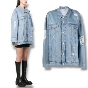 Pull&Bear Light Blue Distressed Oversized Denim Jacket
